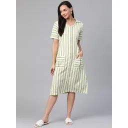 Cottinfab Off White & Green Striped Cotton Dress-picture-19