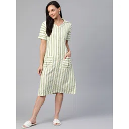 Cottinfab Off White & Green Striped Shirt Knee-Length Dress-picture-20