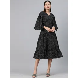 Cottinfab Polka Dot Print Flared Sleeve Crepe A-Line Midi Dress-picture-26