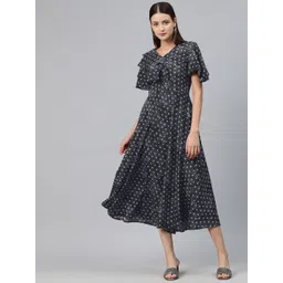 Cottinfab Print Flared Sleeves Ruffled Crepe A-Line Midi Dress-picture-21