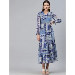 Cottinfab Print Puff Sleeve Ruffled Georgette A-Line Midi Dress-picture-12