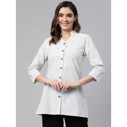 Cottinfab Striped Mandarin Collar Cotton Longline Top-picture-27