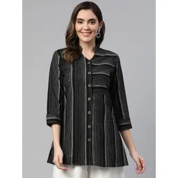 Cottinfab Striped Mandarin Collar Cotton Longline Top-picture-24