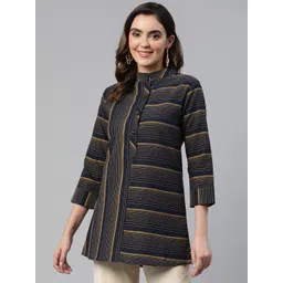 Cottinfab Striped Mandarin Collar Cotton Longline Top-picture-25