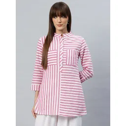 Cottinfab Striped Mandarin Collar Cotton Longline Top-picture-28
