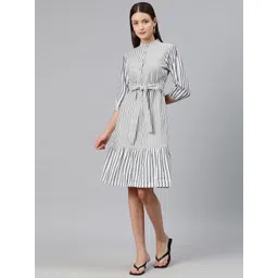 Cottinfab Striped Puff Sleeves A-Line Dress with Tie-Up Detail-picture-14