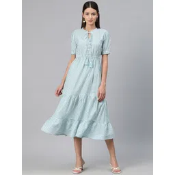 Cottinfab Striped Tie-Up Neck A-Line Midi Dress-picture-36