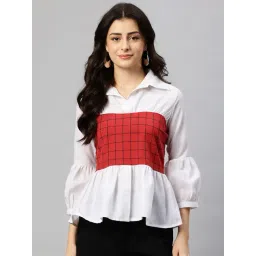 Cottinfab White Monochrome Checked Flared Fit Peplum Top-picture-37