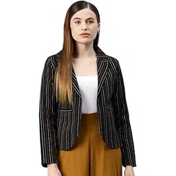 cottinfab Women Black & Multi Coloured Striped Open Front Blazer-picture-36