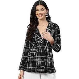 cottinfab Women Black & White Checked Double-Breasted Pure Cotton Casual Blazer-picture-36