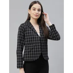 Cottinfab Women Black & White Checked Open Front Blazer-picture-27