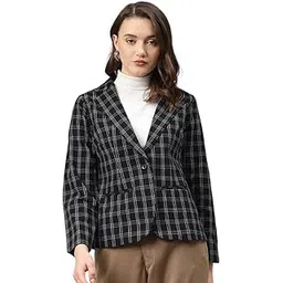 cottinfab Women Black & White Checked Regular Fit Single Breasted Blazer-picture-26