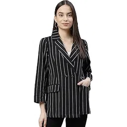 cottinfab Women Black & White Striped Double-Breasted Blazer-picture-25