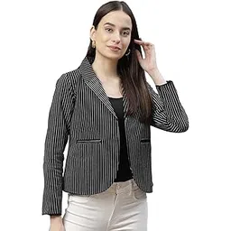 cottinfab Women Black & White Striped Open Front Blazer-picture-28