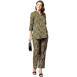 cottinfab Women Black & Yellow Printed V-Neck Tunic and Trouser Co-Ords-picture-26