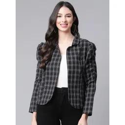 Cottinfab Women Black White Pure Cotton Checked Open Front Jacket-picture-21