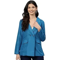 cottinfab Women Blue Solid Double-Breasted Pure Cotton Semi Formal Blazer-picture-27