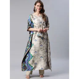 Cottinfab Women Grey & Blue Geometric Printed Flared Sleeves Kaftan Kurta-picture-14