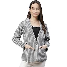 cottinfab Women Grey & White Striped Single Breasted Blazer-picture-26