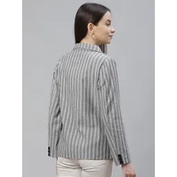 Cottinfab Women Grey & White Striped Single Breasted Blazer image 4