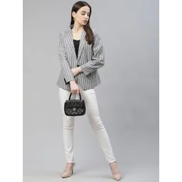 Cottinfab Women Grey & White Striped Single Breasted Blazer image 2