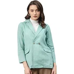 cottinfab Women Light Green Cotton Solid Slim Fit Double Breasted Blazer-picture-28