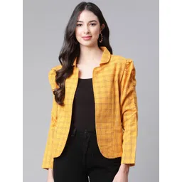 Cottinfab Women Mustard Black Checked Open Front Jacket-picture-39