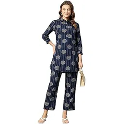 cottinfab Women Navy Blue Ethnic Motifs Printed Tunic with Trouser Co-Ords-picture-11