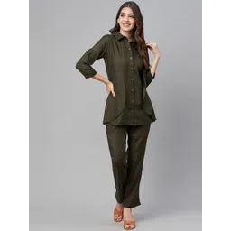 Cottinfab Women Olive Green Solid Shirt with Trousers-picture-13