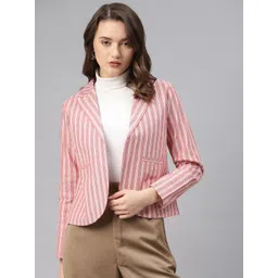 Cottinfab Women Pink & White Cotton Striped Front Open Blazer-picture-13