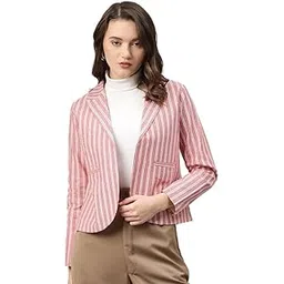 cottinfab Women Pink & White Cotton Striped Front Open Blazer-picture-14