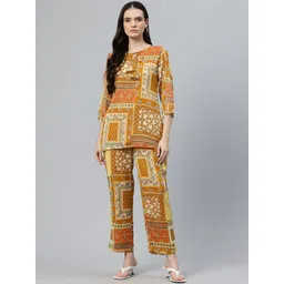 Cottinfab Women Printed Tie-Up Neck Top with Trousers-picture-40