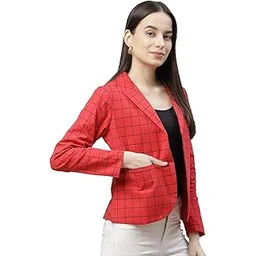 cottinfab Women Red & Navy Blue Checked Open Front Blazer-picture-37