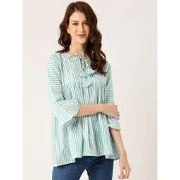 Cottinfab Women Sea Green & White Tie-Up Neck Striped A-Line Pure Cotton Top-picture-24