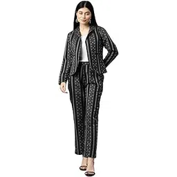 cottinfab Women Self Designed Striped Black & White Coat with Trousers Co-ord Sets-picture-32