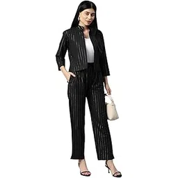 cottinfab Women Self Desinged Striped Black Coat and Trouser Co-Ord Set-picture-49