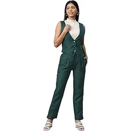 cottinfab Women Solid Green Waistcoat Suit Set-picture-20