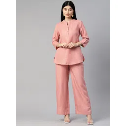 Cottinfab Women Solid Mandarin Neck Top with Trousers Co-ord Set-picture-33