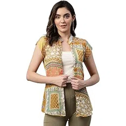 cottinfab Yellow and Rust Printed Open Front Shrug-picture-28