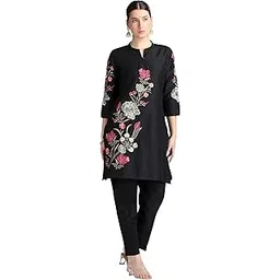 cotton culture Black PolySilk Embroidered Straight Kurta Pant Co ord Set-picture-42