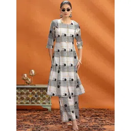 COTTON CULTURE Women Off White & Black Jaipuri Cotton Printed A Line Kurta and Pant Set-image-5