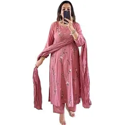 Cotton Kurti with Palazzo Set, Round Neck, 3/4 Sleeve, Pink Embroidered A-Line Dress, Ankle Length-picture-22
