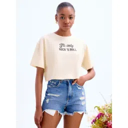 Cover Story Beige Cotton Embellished Crop T-Shirt-picture-22