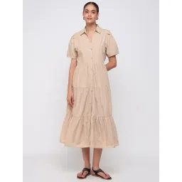 Cover Story Beige Cotton Solid Flared Fit Shirt Dress-picture-20