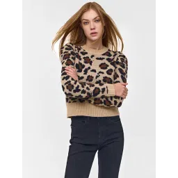 Cover Story Beige Polyester Regular Fit Animal Printed Sweater-picture-32