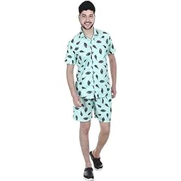cozmostore Men's Printed Green Mor pankh Co-ord Set, Short Sleeve Shirt and Shorts.-picture-37