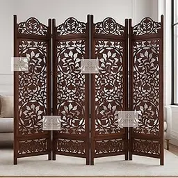 COZYDOR Premium Wooden Room Divider | 4-Panel Handcrafted Partition Screen with Intricate Floral Carving | Folding Privacy for Living Room, Bedroom & Home Décor & Pooja Room Separator Office (Brown)-picture-15