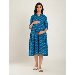CRAFIQA Blue Floral Maternity & Nursing Cotton A-Line Midi Dress-picture-19