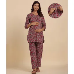 CRAFIQA Cotton Three Fourth Sleeves Floral Printed With Concealed Zipper  Nursing Access Night Suit - Grey-picture-27