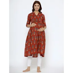 CRAFIQA Ethnic Motifs Printed Maternity & Nursing Cotton Anarkali Kurta-picture-30